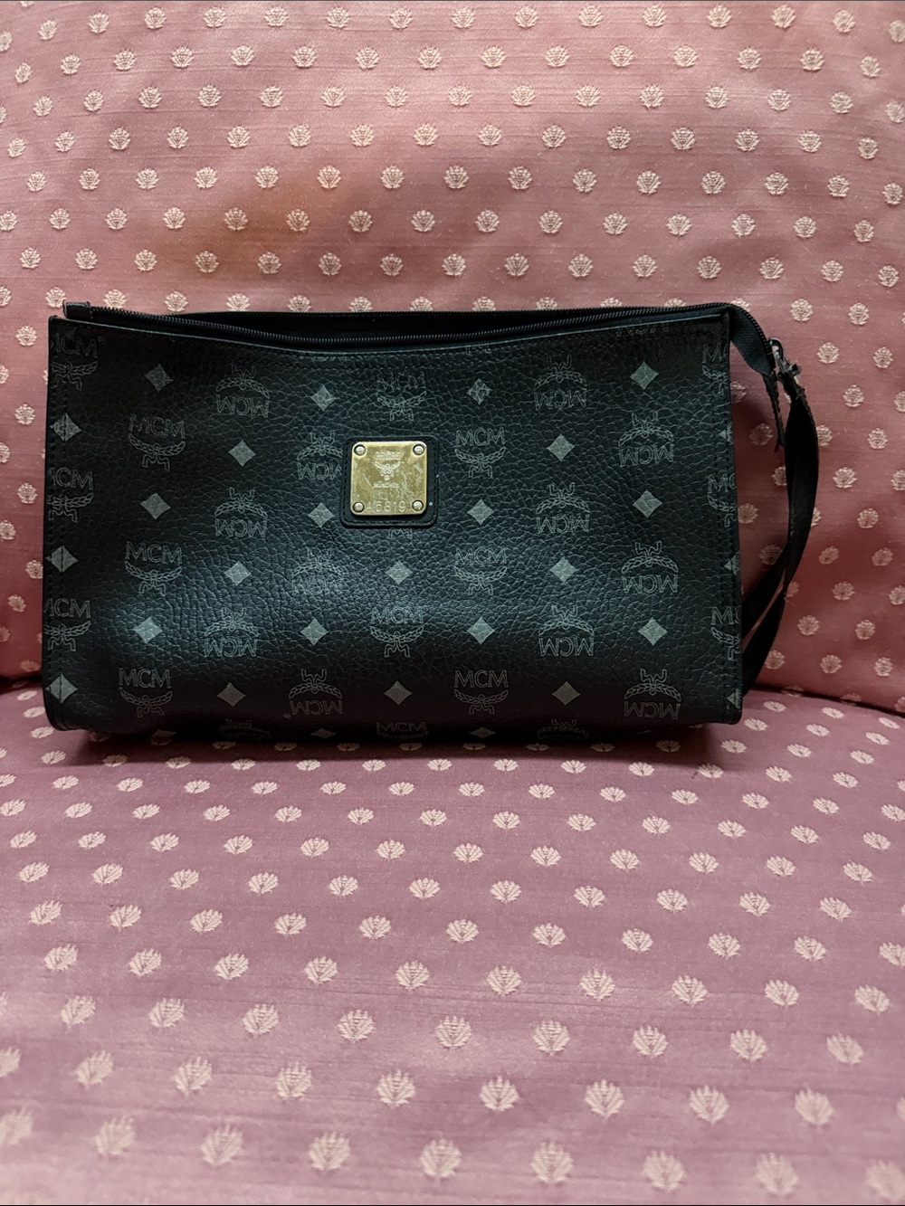MCM Black Logo-Print Leather Wristlet with Gold Plaque